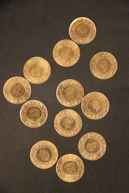 null 12 Monnaies Turques : 25 KURUSH ATTURK, 1942-2019, en or 917°°° (diamètre 18...