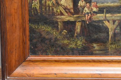 null Ecole du XIXème siècle, Enfants au pont, huile sur toile. Signé Gaubil & Cie...