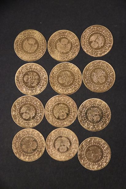 null 12 Monnaies Turques : 25 KURUSH ATTURK, 1942-2019, en or 917°°° (diamètre 18...