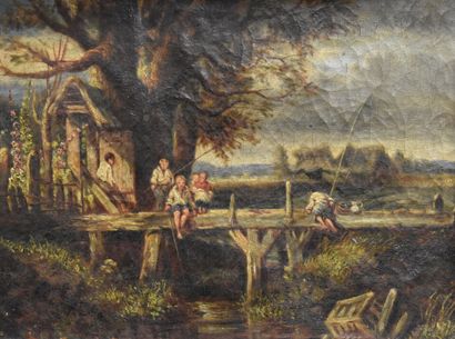 null Ecole du XIXème siècle, Enfants au pont, huile sur toile. Signé Gaubil & Cie...