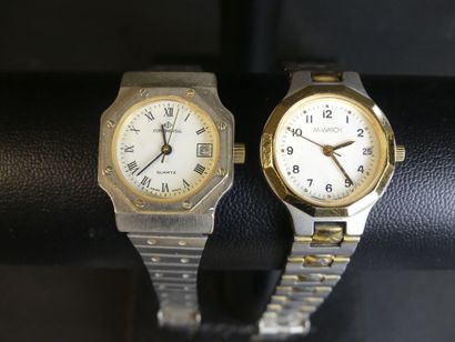 null Réunion de deux montres quartz et une pendule en acier. Diamètre boitiers: 6.5cm,...