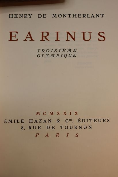 null MONTHERLANT (Henry de). Earinus. Troisième Olympique. Paris, Emile Hazan & Cie,...