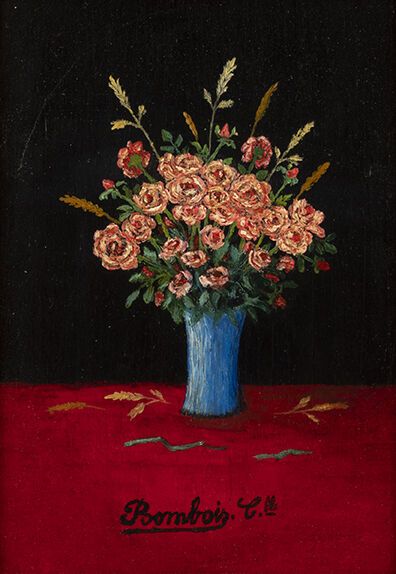 Camille BOMBOIS Camille BOMBOIS (1883-1970). Bouquet de fleurs au vase bleu. Huile...