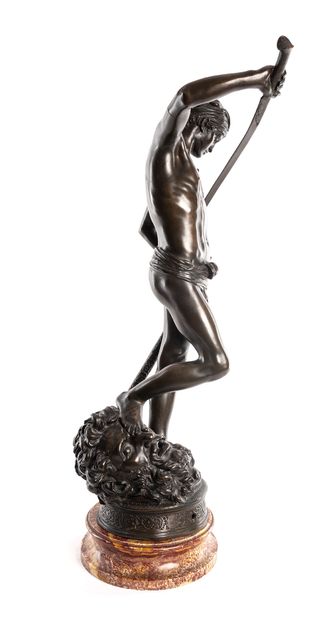 null Antonin MERCIER (1845-1916). David terrassant Goliath. Bronze à patine nuancée....
