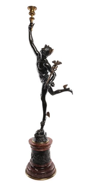 null D'après Jean de BOLOGNE (1529-1608). Hermès en bronze à patine brune . Socle...