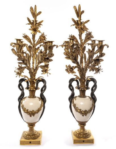 EUGENE HAZARD EUGENE HAZARD (1838-1891). Paire de candélabres en bronze doré et marbre...