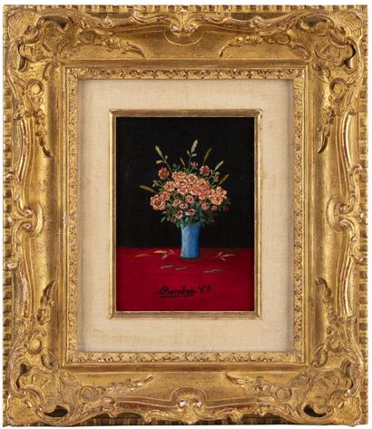 Camille BOMBOIS Camille BOMBOIS (1883-1970). Bouquet de fleurs au vase bleu. Huile...