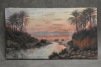 Henri RICHEVILLAIN Henri RICHEVILLAIN (XIX-XX) Oasis, huile sur toile, Signé en bas...