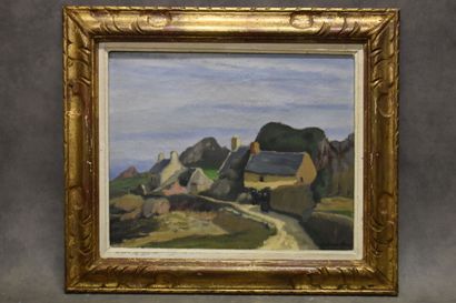 null BOUILLON (XXe siècle), Le chemin de la pointe à Trégastel, huile sur toile....