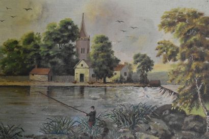 Paysage Ecole française du XXème siècle, Pêcheur au bord du lac. huile sur toile,...