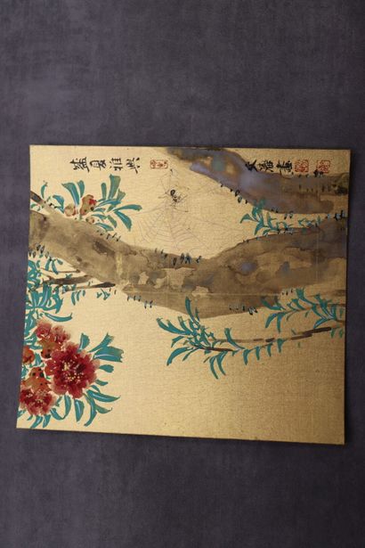 null JAPON. Suite de six peintures sur soie à décor de paysages: Mont Fuji, Geisha...
