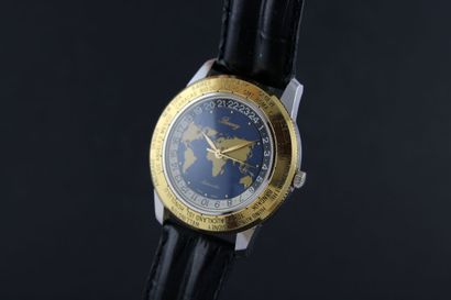 null Berney Worldtime
Montre bracelet deux tons. Boitier rond.
Cadran bleu avec carte...