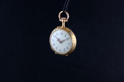 ANONYME Neck watch in 18k yellow gold. Round case. Red enamel guilloche background,...