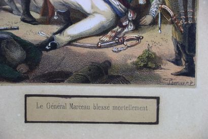null LEMAIRE, XIXth. General Marceau mortally wounded. Polychrome engraving. Dimensions...