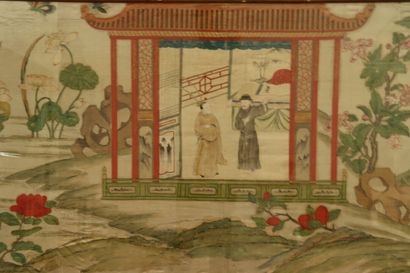 CHINE. Le temple, peinture sur soie. Encadrée sous verre. Dimensions à vue: 77x198cm....