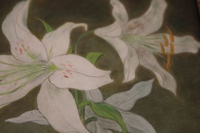 MAI THU (1906-1980). Vase of White Lilies or Lilium on an Entablature, 1957. Ink...
