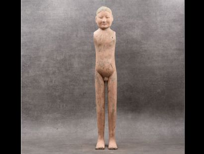 CHINE. Naked standing man called Stick Man, polychrome terracotta, pierced shoulders....