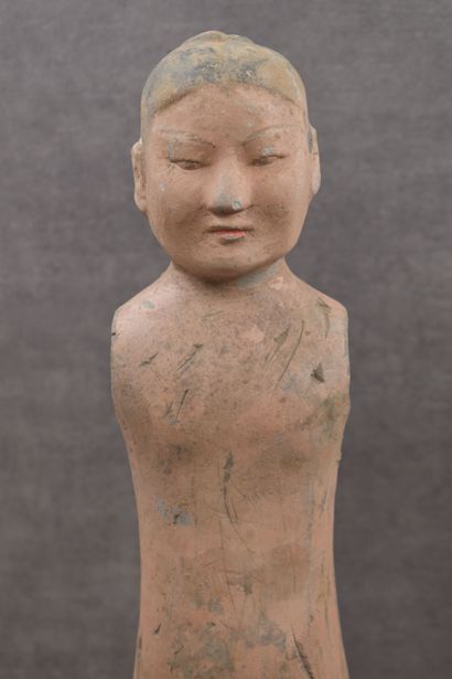 CHINE. Naked standing man called Stick Man, polychrome terracotta, pierced shoulders....