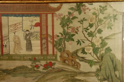 CHINE. The temple, painting on silk. Framed under glass. Dimensions at sight: 77x198cm....
