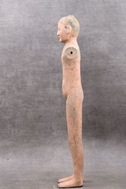 CHINE. Naked standing man called Stick Man, polychrome terracotta, pierced shoulders....