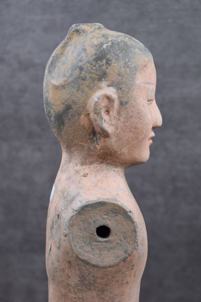 CHINE. Naked standing man called Stick Man, polychrome terracotta, pierced shoulders....