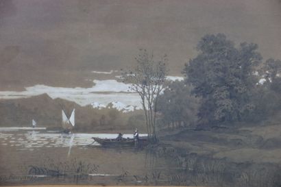null Michel BOUQUET (1807-1890). Scène de rivière. Aquarelle et techniques mixtes....