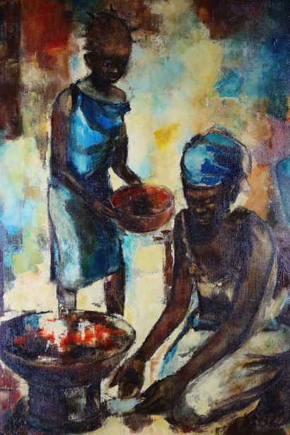 null Roland HIBERT. Femmes sénégalaises. Huile sur toile. Signé en bas à droite,...