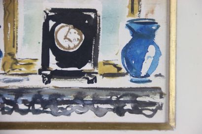 null Yves BRAYER (1907-1990). Pendule borne sur cheminée. Aquarelle sur papier. Signé...