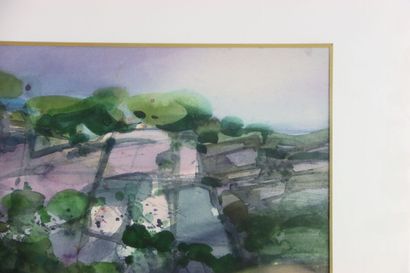 null Camille HILAIRE (Metz, 1916 - Fourges, 2004). Paysage. Aquarelle signée en bas...