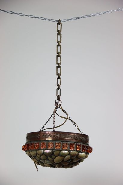 null American glass suspension with mother-of-pearl inlay, glass cabochon and embossed...