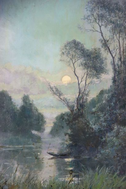 null Adrien SCHULZ (1851-1931). Paysage de rivière sous la lune. Huile sur panneau....