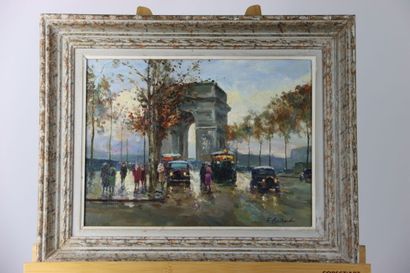 null F. RICHARD. View of the Place de l'étoile in Paris (circa 1935). Oil on canvas....