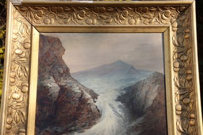 Paysage Ecole du XIXème siècle, Paysage de montagne aux ours, huile sur toile, Signé...