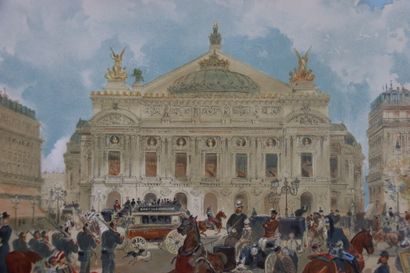 null Edmond MORIN (1824-1882). Défilé sur la place de l'Opéra. Aquarelle. Signée...