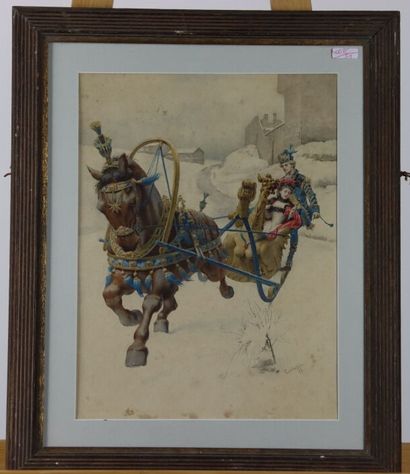 null Oreste CORTAZZO (Rome 1836 - 1910). Ride in a carriage in the tundra. Watercolor....