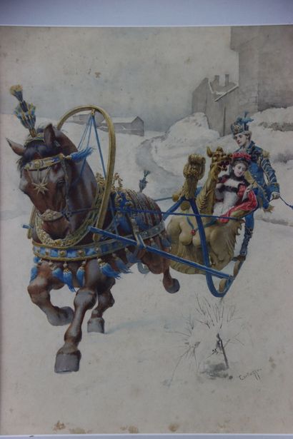 null Oreste CORTAZZO (Rome 1836 - 1910). Ride in a carriage in the tundra. Watercolor....