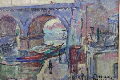 null DUBOIS Raphaël (1888-1960).Un pont à Marseille. huile sur toile. Signé en bas...