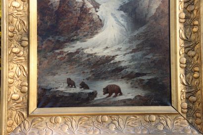 Paysage School of the XIXth century, Landscape of mountain with bears, oil on canvas,...
