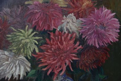 null Raymond THOMSIN (1906) . Nature morte représentant un bouquet de dahlias dans...
