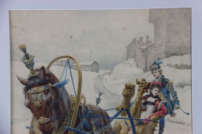 null Oreste CORTAZZO (Rome 1836 - 1910). Ride in a carriage in the tundra. Watercolor....