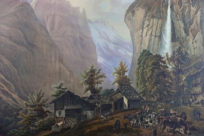 null Johann Adam KLEIN (1792-1875). Vue d'un village et de sa montagne. Aquarelle...