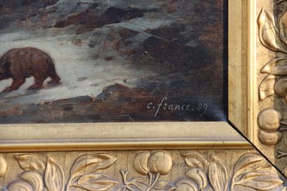 Paysage Ecole du XIXème siècle, Paysage de montagne aux ours, huile sur toile, Signé...