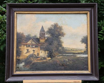 null School of the XIXth century. Landscape of a mill. Oil on canvas. Dimensions:...