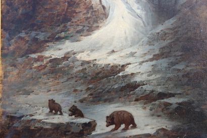 Paysage School of the XIXth century, Landscape of mountain with bears, oil on canvas,...