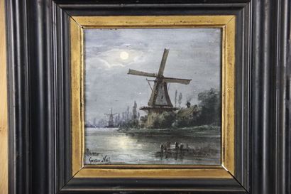 null Gustave NOEL (1823-1881). Le Moulin. Peinture sur carreau de céramique. Signé...
