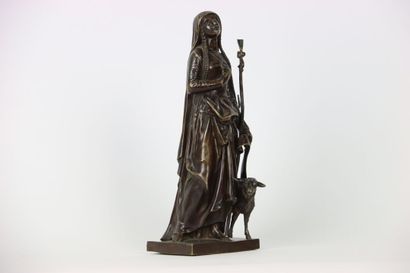 null Bronze à patine brune, sculpture représentant JEANNE D'ARC en jeune paysanne...