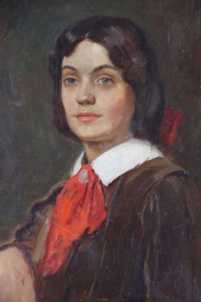 null École française 1ère moitié XIXème. Portrait d'un jeune homme au foulard rouge....