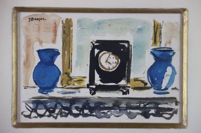 null Yves BRAYER (1907-1990). Pendule borne sur cheminée. Aquarelle sur papier. Signé...