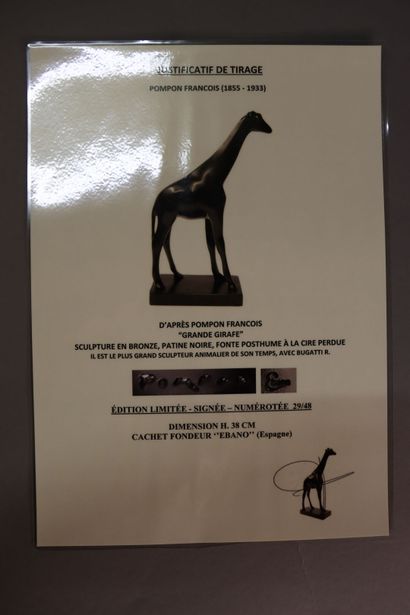 null François POMPON (1855-1933),(D'après). Sculpture en bronze grande girafe à la...