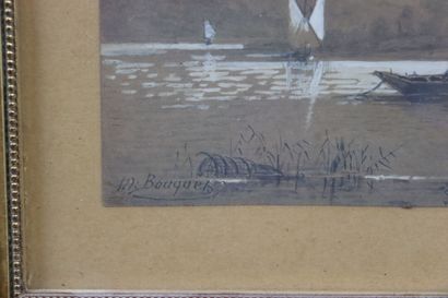 null Michel BOUQUET (1807-1890). Scène de rivière. Aquarelle et techniques mixtes....